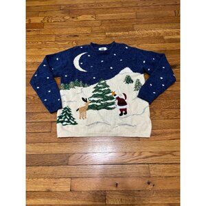 Talbots Womens Wool Winter Holiday Sweater Size Large Santa Reindeer Print